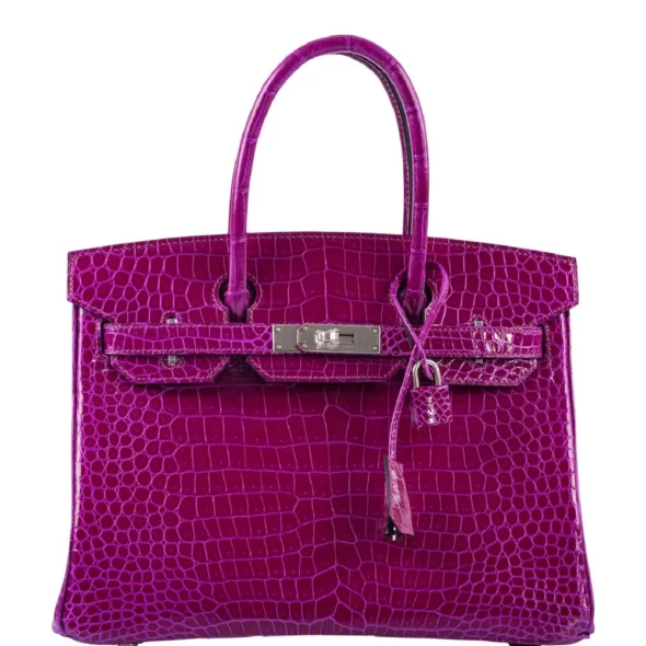 Hermès-Inspired Designer Dupes Birkin 30 Rose Pourpre Shiny Porosus Crocodile PHW - Exotic Creations