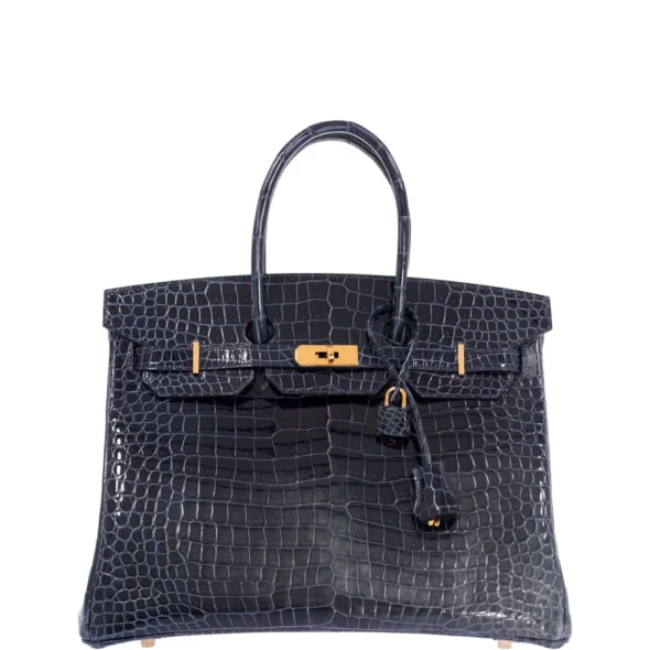 Hermès-Inspired Designer Dupes Birkin 35 Bleu Baltique Shiny Porosus Crocodile GHW - Exotic Creations