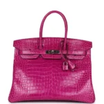Hermès-Inspired Designer Dupes Birkin 35 Rose Sheherazade Shiny Porosus Crocodile PHW - Exotic Creations