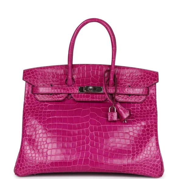 Hermès-Inspired Designer Dupes Birkin 35 Rose Sheherazade Shiny Porosus Crocodile PHW - Exotic Creations