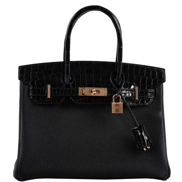 Hermès-Inspired Designer Dupes Birkin Touch 30 Black Novillo & Niloticus Crocodile RGHW - Exotic Creations