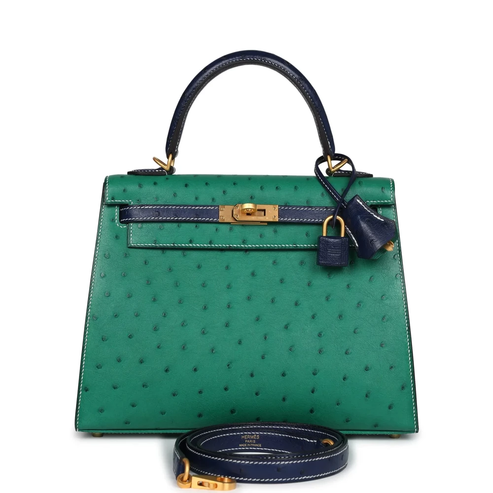 Hermès-Inspired Designer Dupes HSS Kelly 25 Vert Vertigo Bleu Iris Ostrich BGHW - Exotic Creations