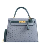 Hermès-Inspired Designer Dupes HSS Kelly 28 Gris Agate & Vert Titien Ostrich BGHW - Exotic Creations