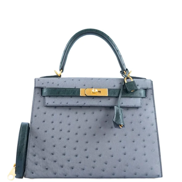 Hermès-Inspired Designer Dupes HSS Kelly 28 Gris Agate & Vert Titien Ostrich BGHW - Exotic Creations
