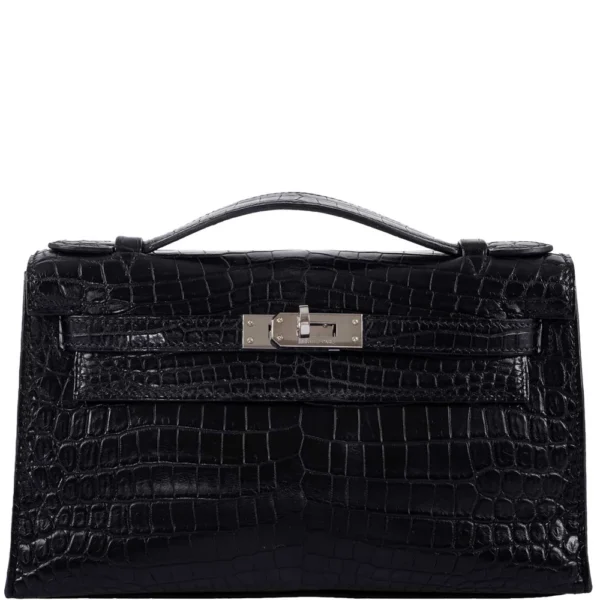 Hermès-Inspired Designer Dupes JPG Kelly Pochette Black Matte Niloticus Crocodile PHW - Exotic Creations