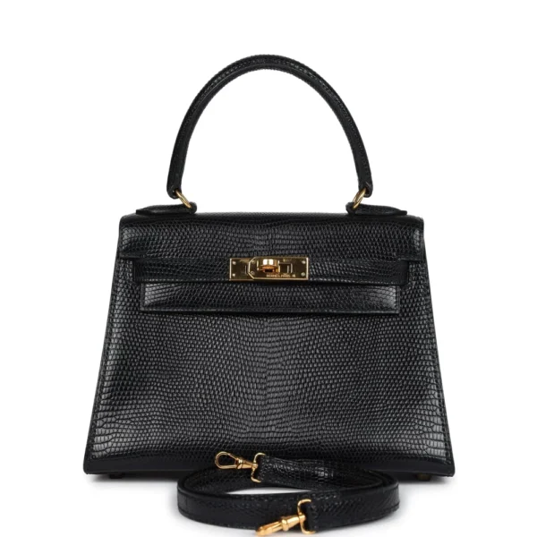 Hermès-Inspired Designer Dupes Kelly 20 Black Varanus Salvator Lizard GHW - Exotic Creations