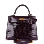 Hermès-Inspired Designer Dupes Kelly 25 Aubergine Shiny Niloticus Crocodile GHW - Exotic Creations