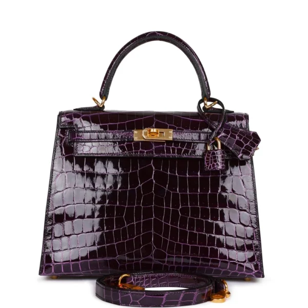 Hermès-Inspired Designer Dupes Kelly 25 Aubergine Shiny Niloticus Crocodile GHW - Exotic Creations