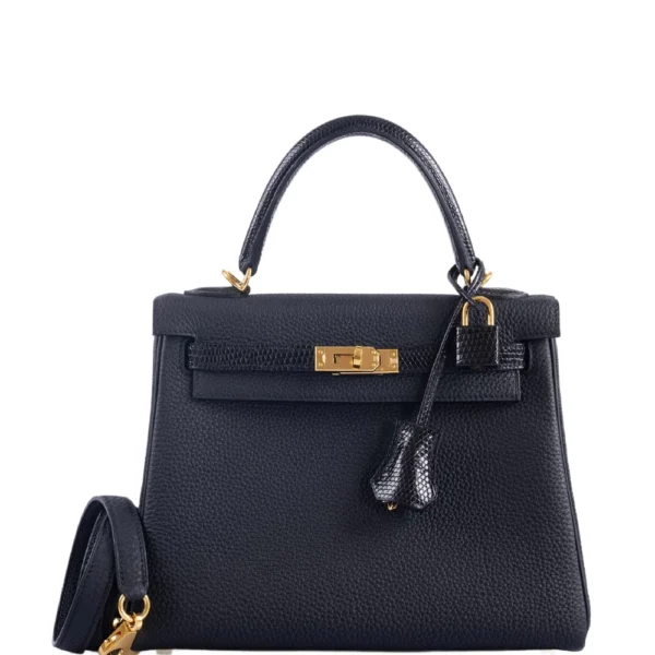 Hermès-Inspired Designer Dupes Kelly 25 Retourne Touch Black Lizard & Togo GHW - Exotic Creations