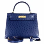 Hermès-Inspired Designer Dupes Kelly 28 Blue Iris Ostrich GHW Rare - Exotic Creations