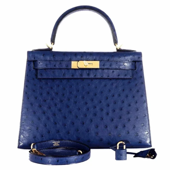 Hermès-Inspired Designer Dupes Kelly 28 Blue Iris Ostrich GHW Rare - Exotic Creations