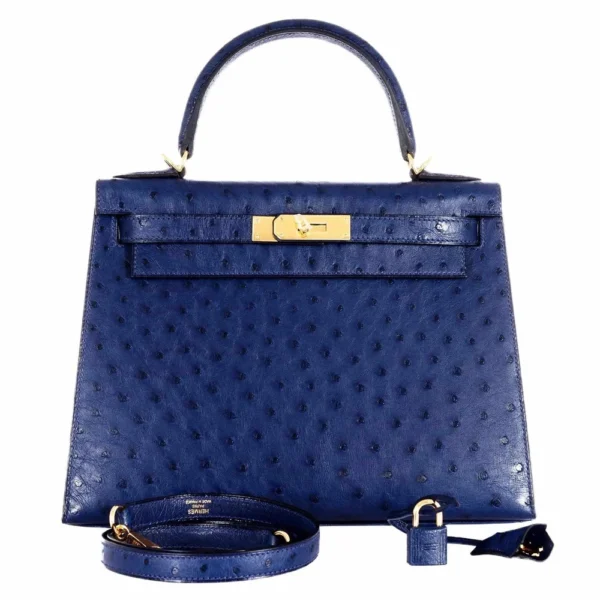 Hermès-Inspired Designer Dupes Kelly 28 Blue Iris Ostrich GHW Rare - Exotic Creations