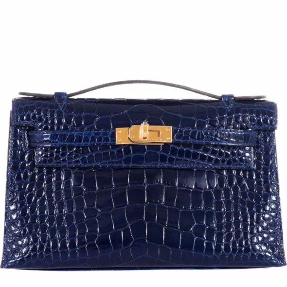 Hermès-Inspired Designer Dupes Kelly Pochette JPG Blue Sapphire Alligator GHW - Exotic Creations
