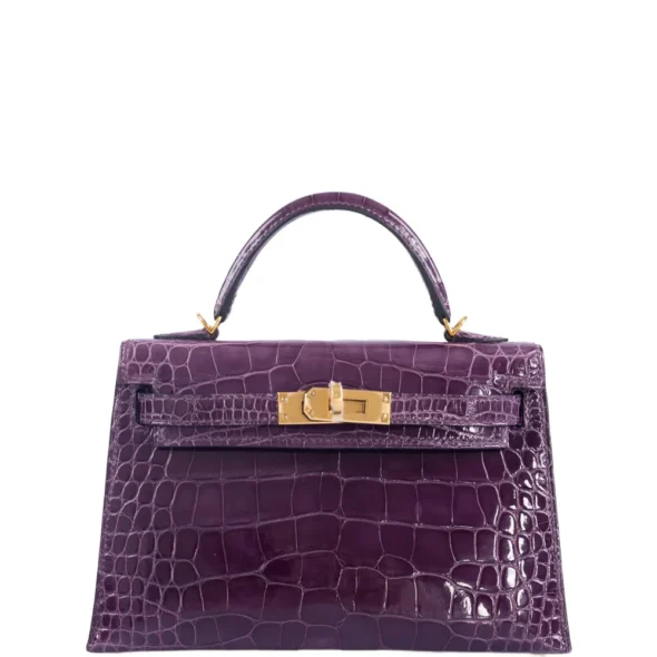 Hermès-Inspired Designer Dupes Mini Kelly 20 Amethyst Shiny Alligator GHW - Exotic Creations