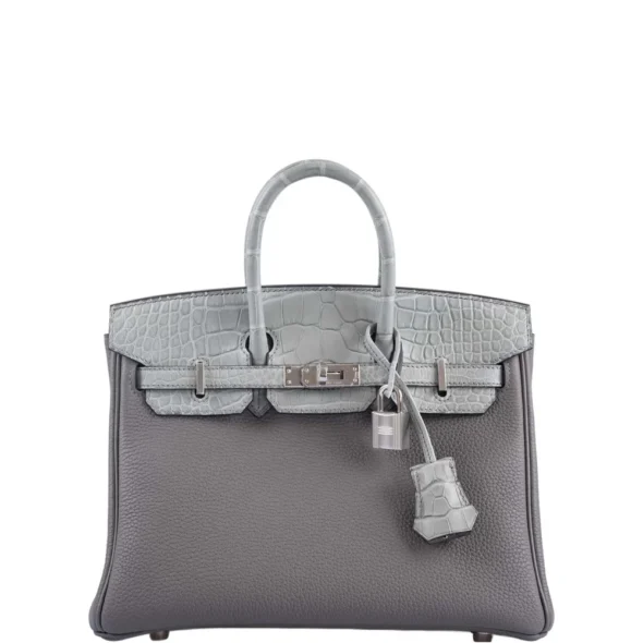 Hermès-Inspired Designer Dupes Touch Birkin 25 Gris Meyer Togo & Gris Cement Matte Alligator PHW - Exotic Creations