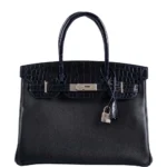 Hermès-Inspired Designer Dupes Touch Birkin 30 Shiny Bleu Marine Niloticus Crocodile & Black Novillo PHW - Exotic Creations