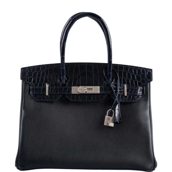 Hermès-Inspired Designer Dupes Touch Birkin 30 Shiny Bleu Marine Niloticus Crocodile & Black Novillo PHW - Exotic Creations