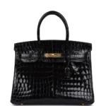 Hermès-Inspired Luxury Handbags Birkin 30 Black Shiny Crocodile Niloticus GHW - Exotic Creations