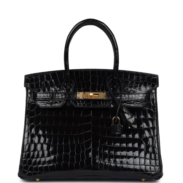 Hermès-Inspired Luxury Handbags Birkin 30 Black Shiny Crocodile Niloticus GHW - Exotic Creations