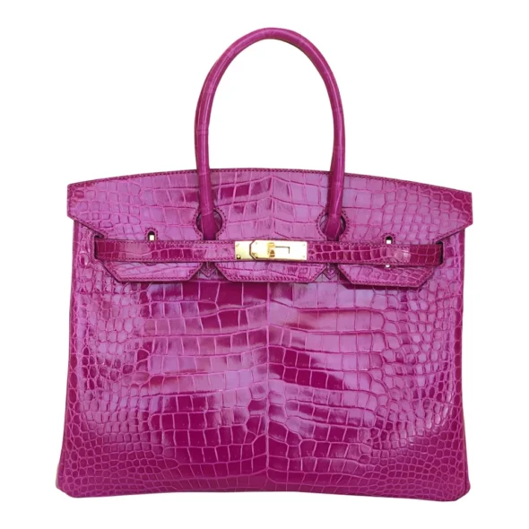 Hermès-Inspired Luxury Handbags Birkin 35 Rose Sheherazade Crocodile GHW - Exotic Creations