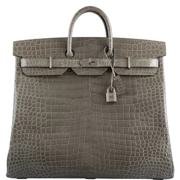 Hermès-Inspired Luxury Handbags Birkin 50 HAC Gris Tourterelle Shiny Porosus Crocodile PHW - Exotic Creations