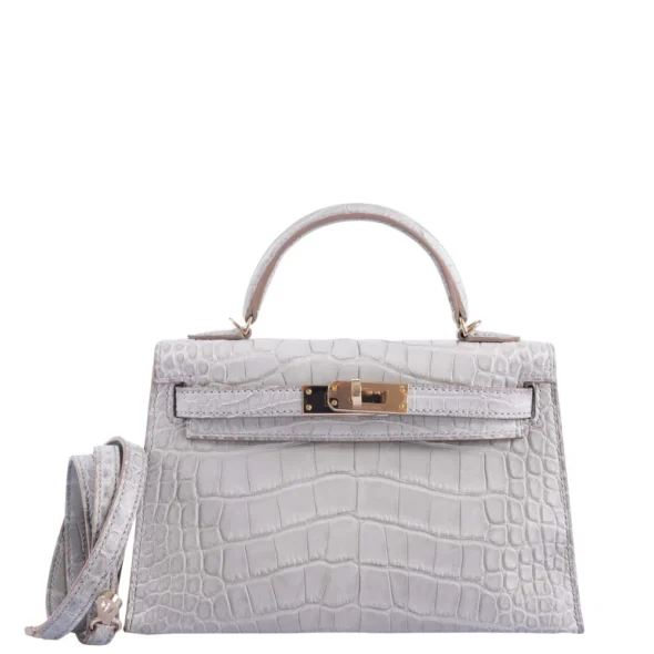 Hermès-Inspired Luxury Handbags HSS Mini Kelly 20 Gris Perle Matte Alligator a Jaune Ambreterior & PBHW - Exotic Creations
