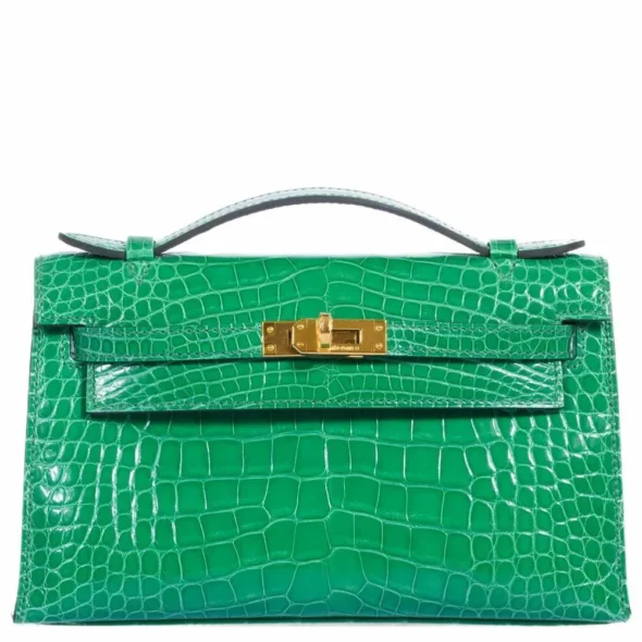 Hermès-Inspired Luxury Handbags JPG Kelly Pochette Cactus Emerald Alligator GHW - Exotic Creations