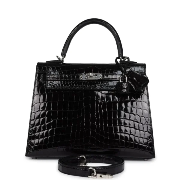 Hermès-Inspired Luxury Handbags Kelly 25 Black Shiny Niloticus Crocodile PHW - Exotic Creations