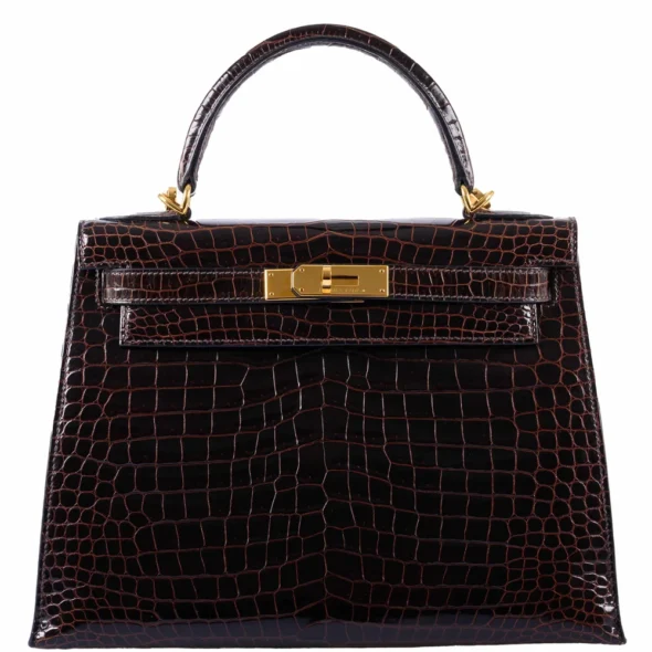 Hermès-Inspired Luxury Handbags Kelly 28 Marron Fonce Shiny Porosus Crocodile GHW - Exotic Creations