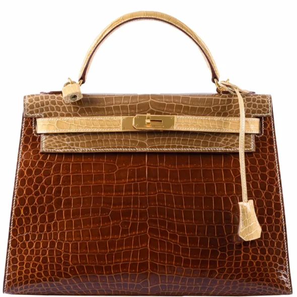 Hermès-Inspired Luxury Handbags Kelly 32 Miel, Ficelle & Poussiere Porosus Crocodile GHW - Exotic Creations