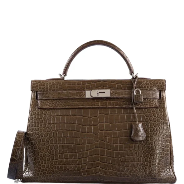 Hermès-Inspired Luxury Handbags Kelly 40 Gris Elephant Matte Porosus Crocodile PHW - Exotic Creations