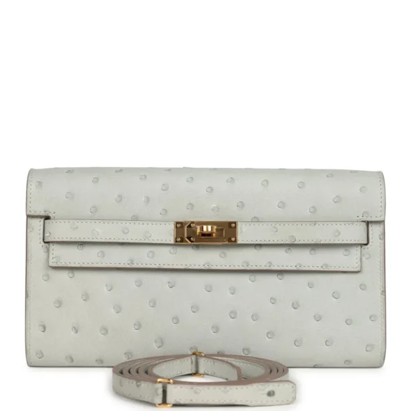 Hermès-Inspired Luxury Handbags Kelly Wallet To Go Gris Perle Ostrich GHW - Exotic Creations