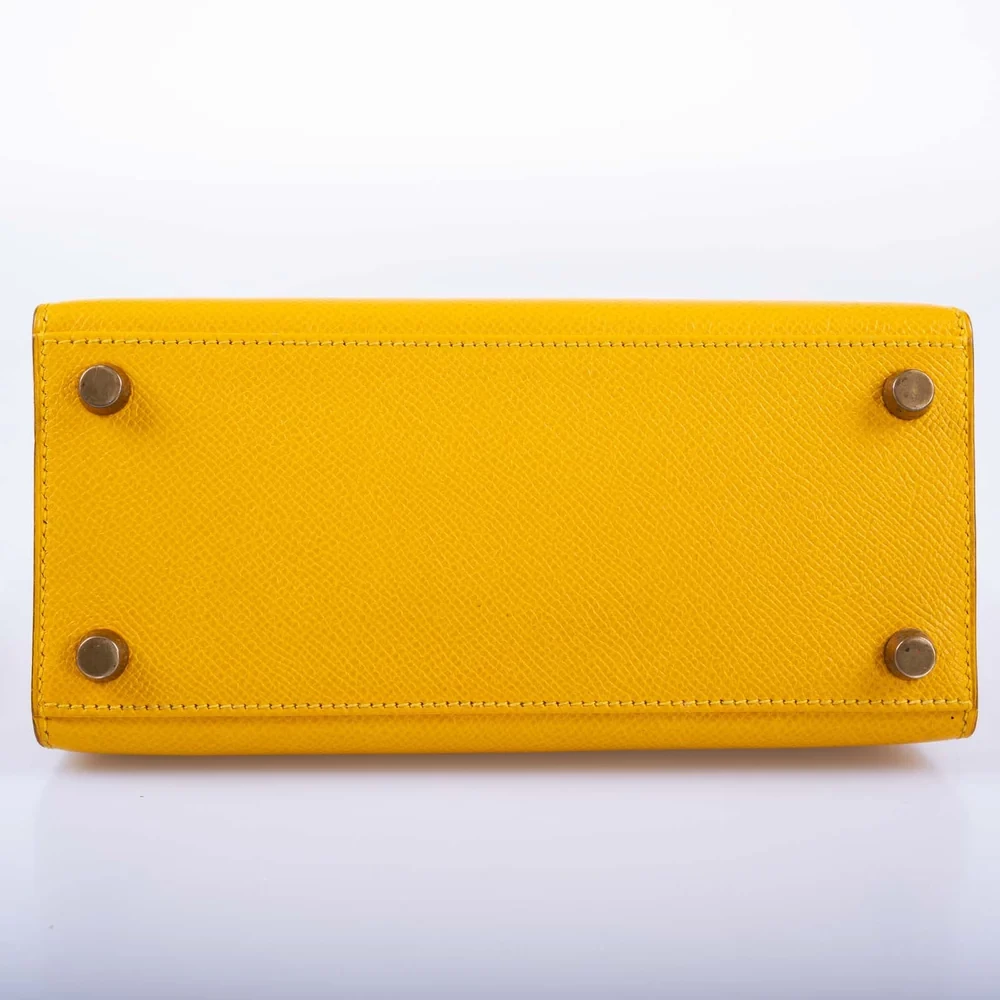 Hermès-Inspired Luxury Handbags Mini Kelly 20 Jaune Courchevel GHW - Exotic Creations Bottom