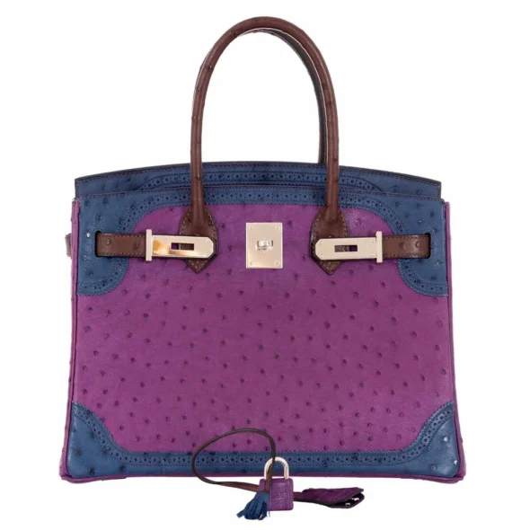 Hermès Replica Birkin 30 Tri Color Ostrich Violine Blue De Malt & Marron PHW - Exotic Creations