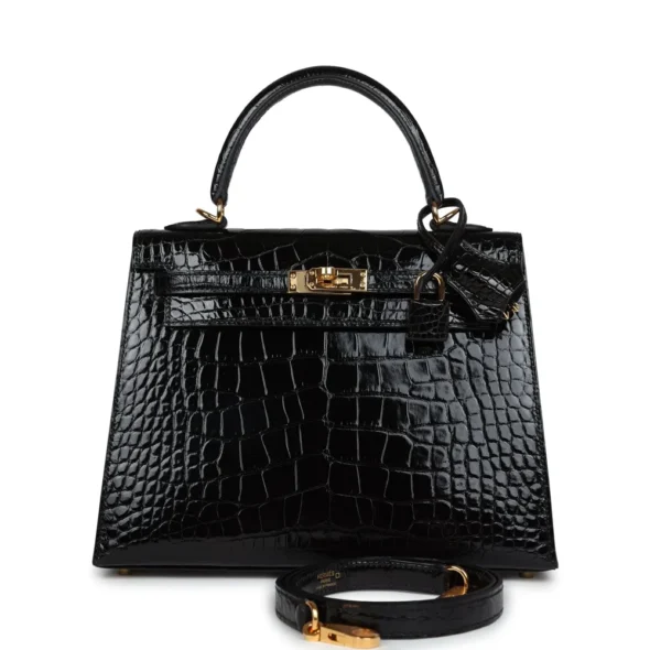 Hermès Replica Kelly 25 Black Shiny Alligator GHW | ExoticCreations.org