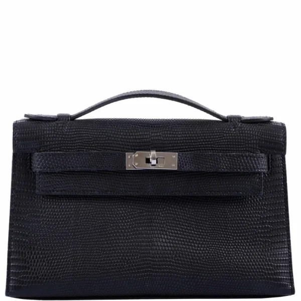 Hermès Replica HW Quality JPG Kelly Pochette Matte Black Salvatore Lizard PHW - Exotic Creations