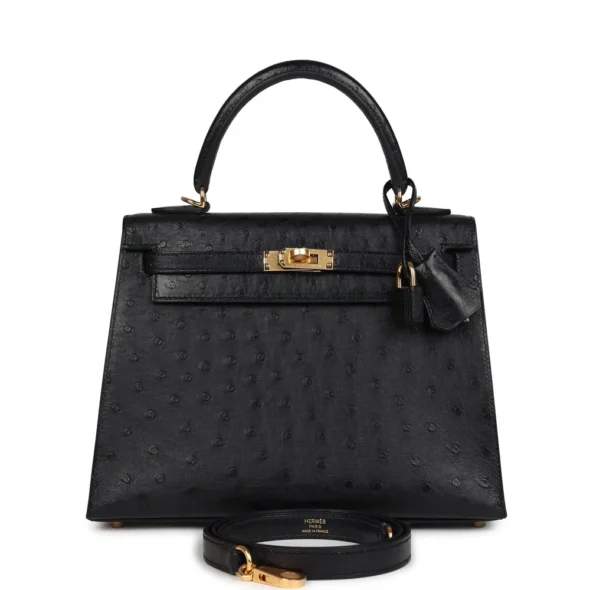 Hermès Replica Kelly 25 Black Ostrich GHW - Exotic Creations