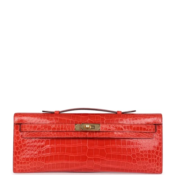 Hermès Replica Kelly Cut Orange Poppy Shiny Porosus Crocodile GHW - Exotic Creations