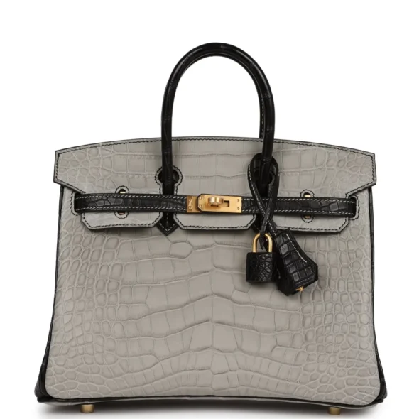 Birkin 25 Gris Perle Black Matte Alligator | ExoticCreations.org