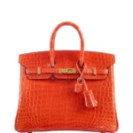 High-End-Hermès-Inspired Birkin 25 Shiny Orange Poppy Niloticus Crocodile GHW - Exotic Creations