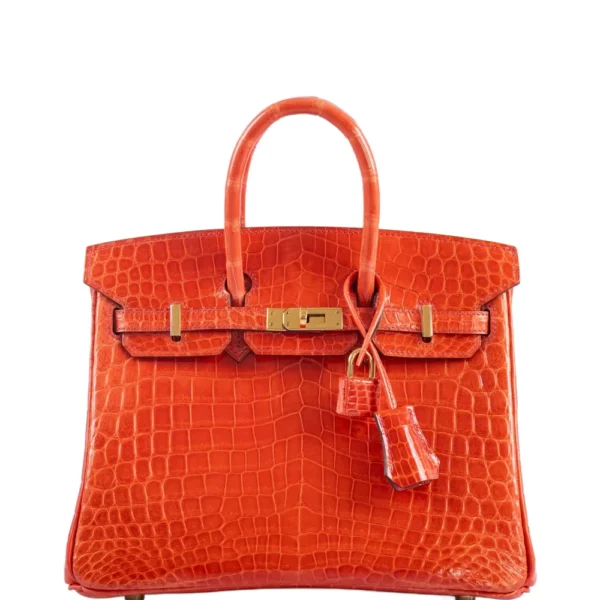 High-End-Hermès-Inspired Birkin 25 Shiny Orange Poppy Niloticus Crocodile GHW - Exotic Creations