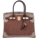 High-End-Hermès-Inspired Birkin 30 Ghillies Marron Fonce, Etrusque, Mousse Ostrich Champagne GHW - Exotic Creations