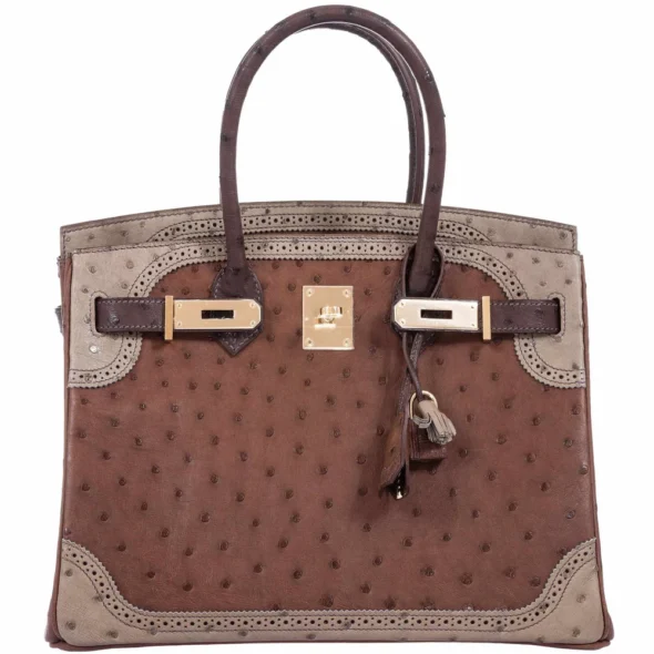 High-End-Hermès-Inspired Birkin 30 Ghillies Marron Fonce, Etrusque, Mousse Ostrich Champagne GHW - Exotic Creations