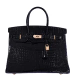 High-End-Hermès-Inspired Birkin 35 Black Shiny Porosus Crocodile 18K Yellow Gold & Diamond HW - Exotic Creations