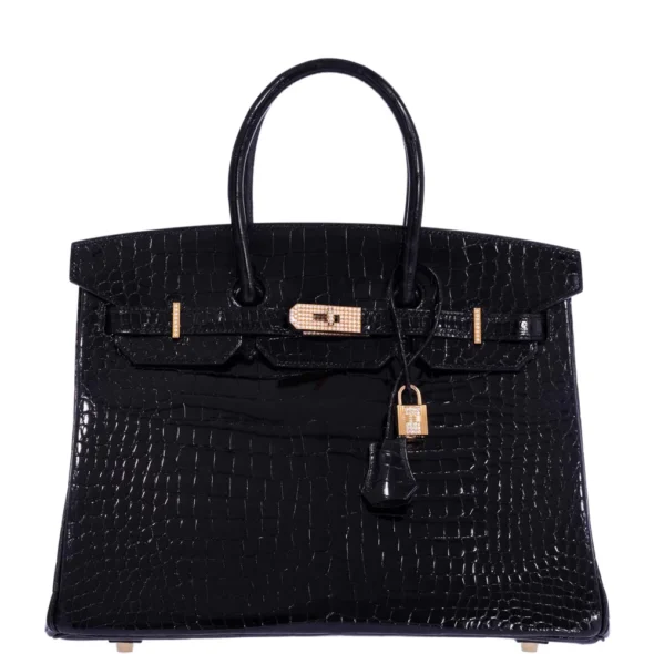 High-End-Hermès-Inspired Birkin 35 Black Shiny Porosus Crocodile 18K Yellow Gold & Diamond HW - Exotic Creations