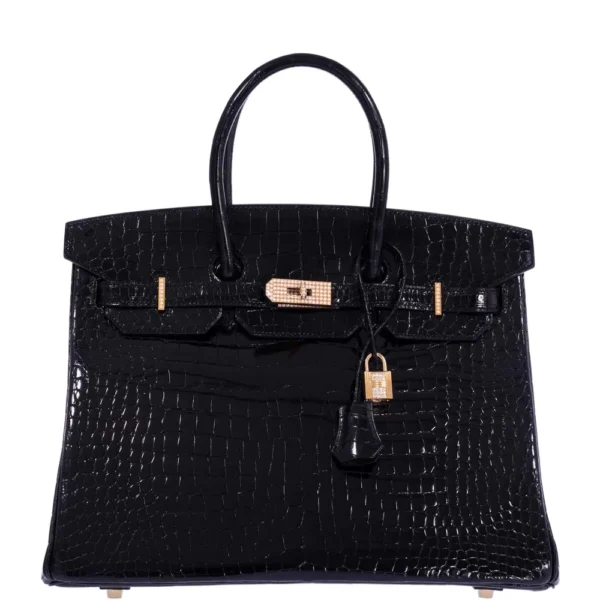 High-End-Hermès-Inspired Birkin 35 Black Shiny Porosus Crocodile 18K Yellow Gold & Diamond HW - Exotic Creations