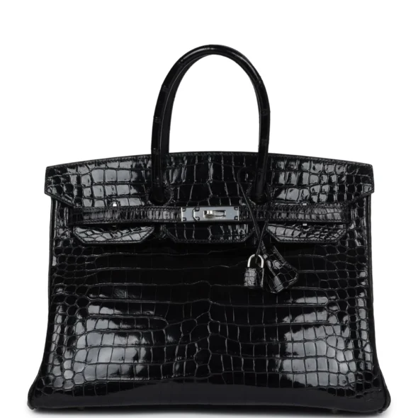 High-End-Hermès-Inspired Birkin 35 Black Shiny Porosus Crocodile PHW - Exotic Creations