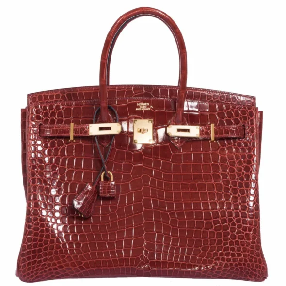 High-End-Hermès-Inspired Birkin 35 Rouge H Shiny Porosus Crocodile GHW - Exotic Creations