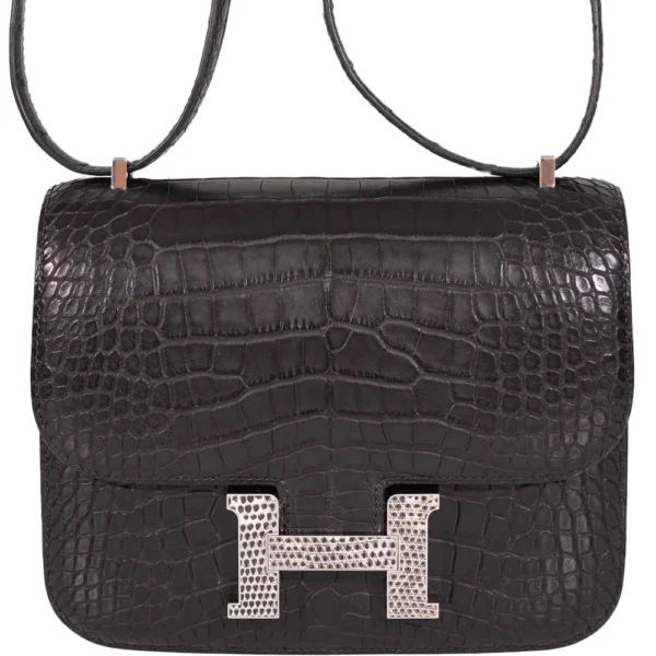High-End-Hermès-Inspired Constance 18 Mini Black Noir Matte Alligator Lizard Buckle PHW - Exotic Creations
