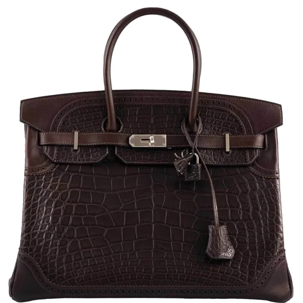 High-End-Hermès-Inspired Ghillies Birkin 35 Matte Ebene Alligator & Swift PHW - Exotic Creations